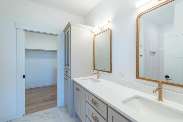 29655 E Horseshoe Lake Rd, Mission Twp, MN 56465 - bathroom with marble look tile flooring and double vanity