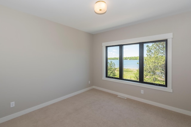 29655 E Horseshoe Lake Rd, Mission Twp, MN 56465 - empty room with baseboards, light colored carpet, and a water view