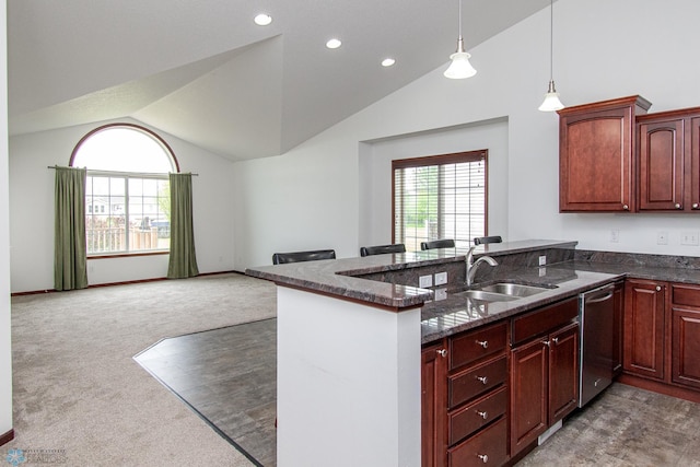 828 Cinnamon Ridge Pl, West Fargo, ND 58078 - kitchen with a sink, vaulted ceiling, dishwasher, light colored carpet, and a peninsula