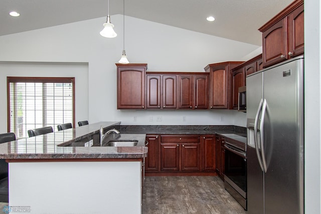 828 Cinnamon Ridge Pl, West Fargo, ND 58078 - kitchen with stainless steel appliances, vaulted ceiling, a peninsula, a sink, and dark wood-style floors