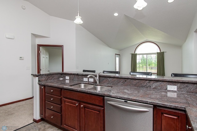 828 Cinnamon Ridge Pl, West Fargo, ND 58078 - kitchen featuring stainless steel dishwasher, a sink, lofted ceiling, reddish brown cabinets, and decorative light fixtures