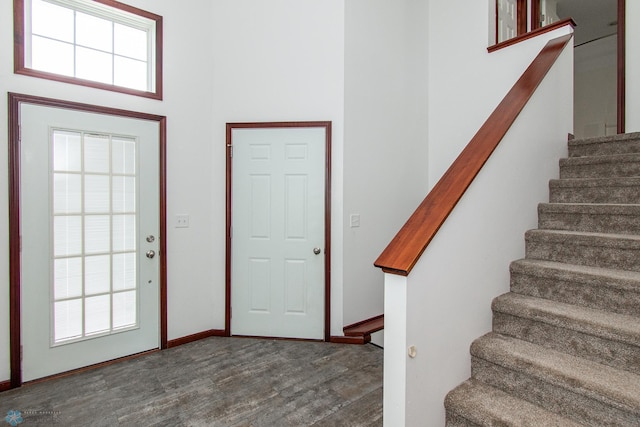 828 Cinnamon Ridge Pl, West Fargo, ND 58078 - entrance foyer featuring dark wood-style floors, stairs, baseboards, and a high ceiling