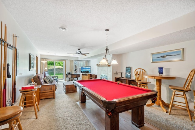 17830 Glasgow Way, Lakeville, MN 55044 - recreation room featuring a textured ceiling, pool table, ceiling fan, and carpet flooring