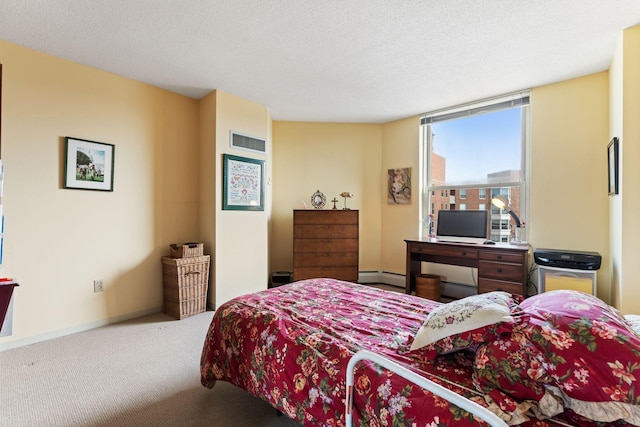 1425 28th St Unit 510, Minneapolis, MN 55408 - bedroom with carpet flooring, baseboard heating, a textured ceiling, and baseboards