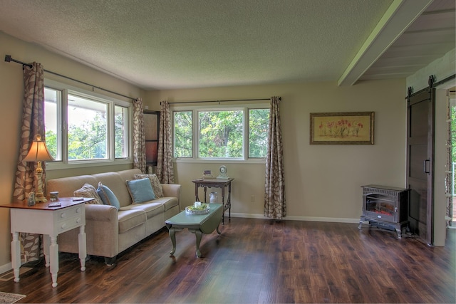 2509 Jade St, Mora, MN 55051 - living room with a barn door, wood finished floors, a wood stove, a textured ceiling, and beam ceiling