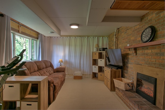 2509 Jade St, Mora, MN 55051 - living room with brick wall, a brick fireplace, and light carpet