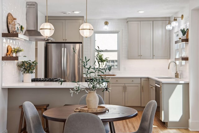 2930 Salem Ave, Saint Louis Park, MN 55416 - kitchen featuring open shelves, stainless steel appliances, wall chimney range hood, gray cabinetry, and recessed lighting