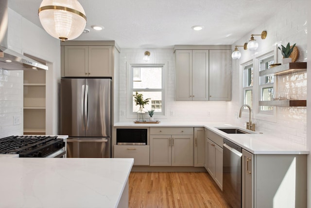 2930 Salem Ave, Saint Louis Park, MN 55416 - kitchen with appliances with stainless steel finishes, wall chimney range hood, a sink, gray cabinets, and recessed lighting