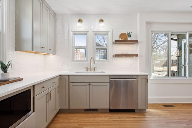 2930 Salem Ave, Saint Louis Park, MN 55416 - kitchen with dishwasher, built in microwave, a sink, gray cabinets, and decorative backsplash