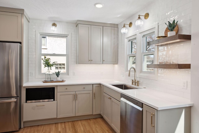 2930 Salem Ave, Saint Louis Park, MN 55416 - kitchen with stainless steel appliances, a sink, and gray cabinetry