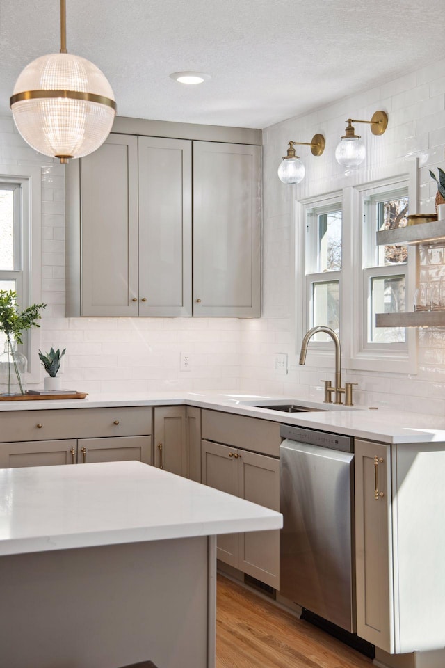 2930 Salem Ave, Saint Louis Park, MN 55416 - kitchen with gray cabinetry, stainless steel dishwasher, a sink, backsplash, and light countertops