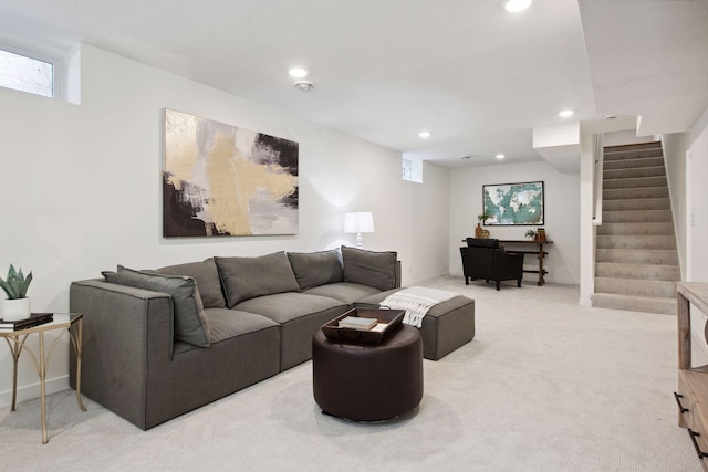 2930 Salem Ave, Saint Louis Park, MN 55416 - living area with recessed lighting, light carpet, stairs, and baseboards