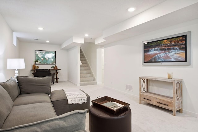 2930 Salem Ave, Saint Louis Park, MN 55416 - living area with stairway, light carpet, recessed lighting, and baseboards