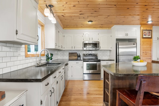2487 2nd St SW, Buffalo, MN 55313 - kitchen with stainless steel appliances, a sink, dark countertops, wooden ceiling, and white cabinets