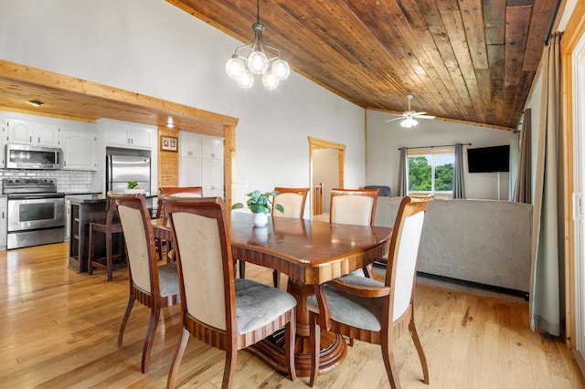 2487 2nd St SW, Buffalo, MN 55313 - dining area with lofted ceiling, wood ceiling, light wood-style flooring, ceiling fan, and a chandelier