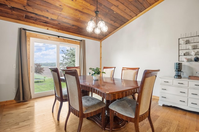 2487 2nd St SW, Buffalo, MN 55313 - dining room featuring vaulted ceiling, wood ceiling, light wood-type flooring, a chandelier, and baseboards