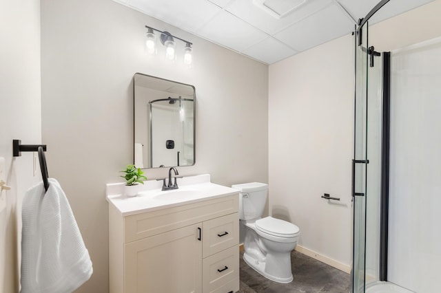 2487 2nd St SW, Buffalo, MN 55313 - bathroom featuring a stall shower, toilet, vanity, and baseboards