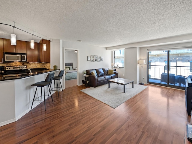 401 1st St Unit 601, Minneapolis, MN 55401 - living room featuring dark wood-style flooring and a textured ceiling