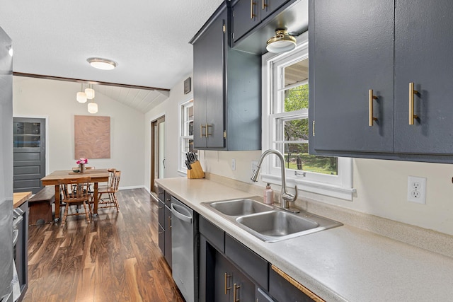 7109 Douglas Dr N, Brooklyn Park, MN 55429 - kitchen featuring a sink, dishwasher, light countertops, dark wood-style floors, and lofted ceiling