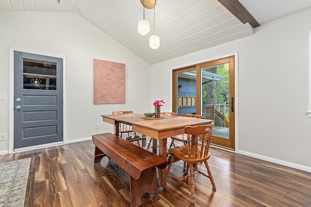 7109 Douglas Dr N, Brooklyn Park, MN 55429 - dining room featuring vaulted ceiling, dark wood-style flooring, baseboards, and wooden ceiling