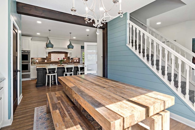 15084 Appaloosa Trl NE, Prior Lake, MN 55372 - dining area featuring stairway, dark wood finished floors, recessed lighting, and a chandelier