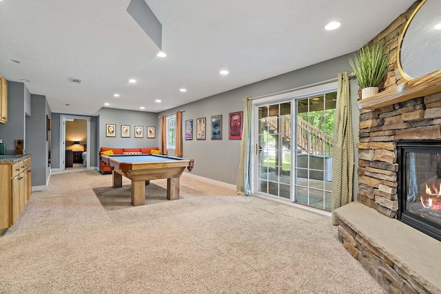 15084 Appaloosa Trl NE, Prior Lake, MN 55372 - playroom featuring light colored carpet, pool table, baseboards, recessed lighting, and a fireplace