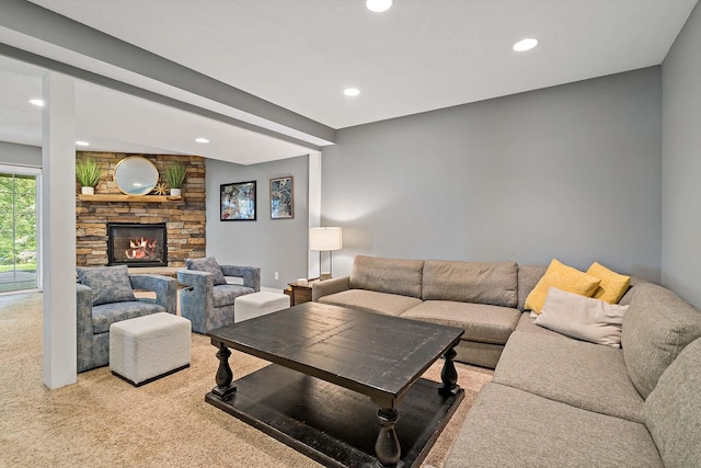 15084 Appaloosa Trl NE, Prior Lake, MN 55372 - living area featuring recessed lighting, carpet floors, and a stone fireplace