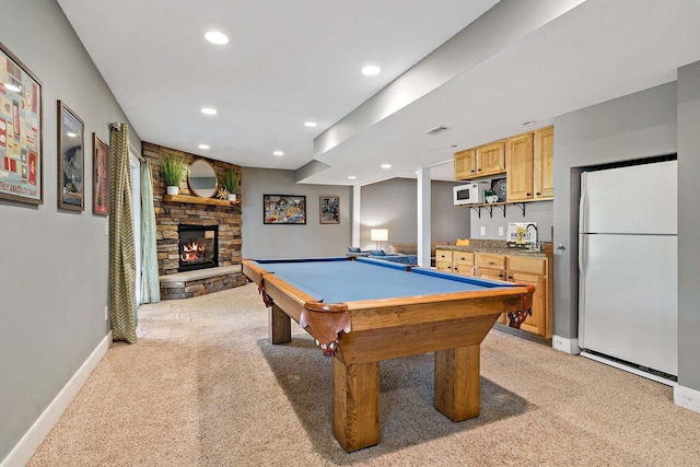 15084 Appaloosa Trl NE, Prior Lake, MN 55372 - recreation room with light carpet, a fireplace, recessed lighting, and billiards