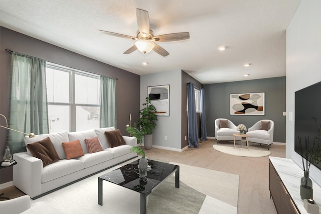 13323 Territorial Cir N, Maple Grove, MN 55369 - living area featuring ceiling fan, light carpet, baseboards, and recessed lighting