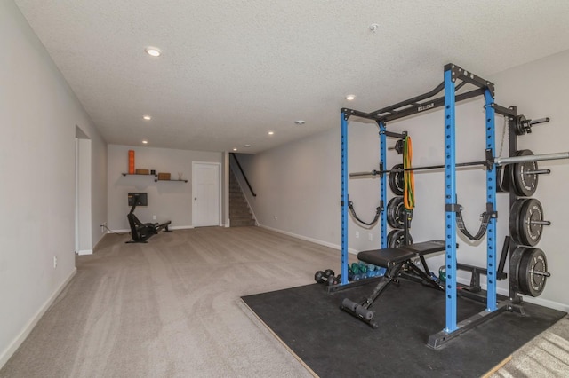 13323 Territorial Cir N, Maple Grove, MN 55369 - workout room featuring a textured ceiling, baseboards, recessed lighting, and carpet