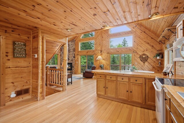 7194 Quentin Rd NE, Outing, MN 56662 - kitchen featuring wood ceiling, butcher block countertops, white appliances, wood walls, and open shelves