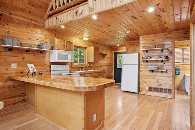 7194 Quentin Rd NE, Outing, MN 56662 - kitchen featuring white appliances, butcher block counters, open shelves, a sink, and wooden walls