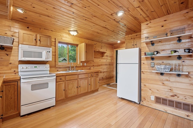 7194 Quentin Rd NE, Outing, MN 56662 - kitchen with white appliances, a sink, wooden ceiling, light wood finished floors, and wooden walls