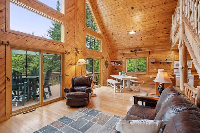 7194 Quentin Rd NE, Outing, MN 56662 - living area with high vaulted ceiling, hardwood / wood-style flooring, and wood walls