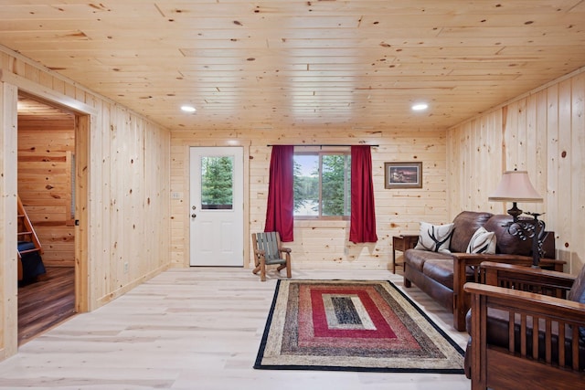 7194 Quentin Rd NE, Outing, MN 56662 - living area featuring wooden walls, wooden ceiling, light wood finished floors, and recessed lighting