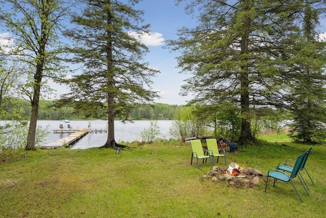 7194 Quentin Rd NE, Outing, MN 56662 - view of green lawn with a boat dock, a water view, and an outdoor fire pit