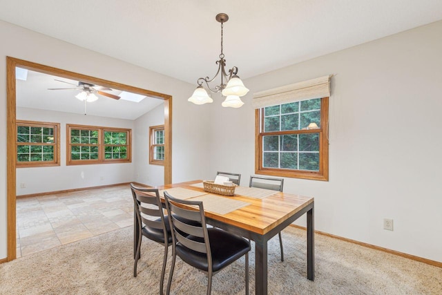 5241 Silver Maple Cir, Minnetonka, MN 55343 - dining area with light colored carpet, a ceiling fan, and vaulted ceiling