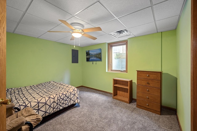 2651 Colfax Ave N, Minneapolis, MN 55411 - bedroom featuring carpet flooring, electric panel, a drop ceiling, and a ceiling fan