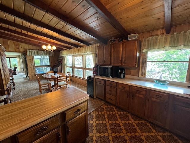22560 Height Of Land Dr, Detroit Lakes, MN 56501 - kitchen with black microwave, wood ceiling with exposed beams, a chandelier, decorative light fixtures, and wooden walls