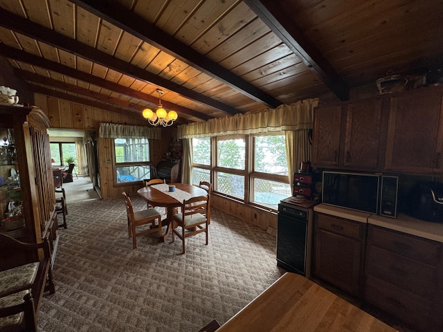 22560 Height Of Land Dr, Detroit Lakes, MN 56501 - carpeted dining area with wooden ceiling, a chandelier, and wooden walls