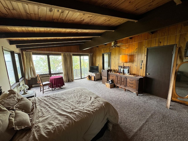 22560 Height Of Land Dr, Detroit Lakes, MN 56501 - bedroom featuring carpet, wood walls, access to outside, and wooden ceiling