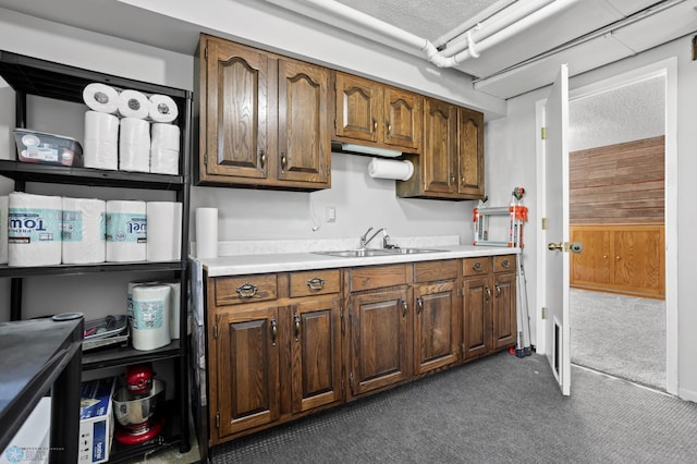3003 15th Ave S, Moorhead, MN 56560 - kitchen with a sink, dark colored carpet, light countertops, and a textured ceiling
