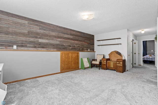 3003 15th Ave S, Moorhead, MN 56560 - living area featuring carpet flooring, wooden walls, a textured ceiling, and baseboards