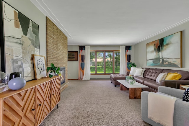 5843 Fairway Ln, Saint Cloud, MN 56303 - living area featuring carpet flooring, crown molding, and a fireplace
