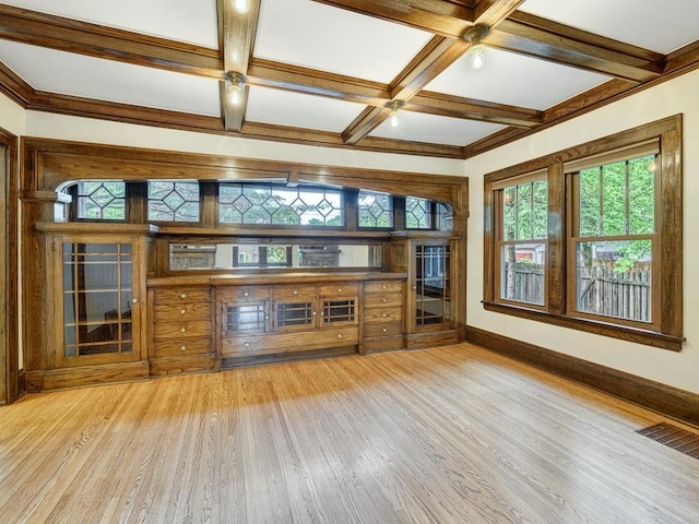 1715 Bush Ave, Saint Paul, MN 55106 - unfurnished living room with light wood-type flooring, baseboards, coffered ceiling, and beamed ceiling