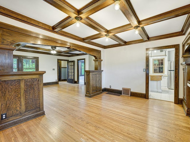 1715 Bush Ave, Saint Paul, MN 55106 - unfurnished living room with light wood-style flooring, baseboards, beamed ceiling, ceiling fan, and coffered ceiling