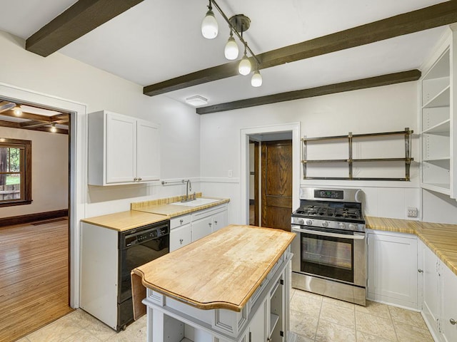 1715 Bush Ave, Saint Paul, MN 55106 - kitchen with gas range, beamed ceiling, a sink, dishwasher, and wooden counters