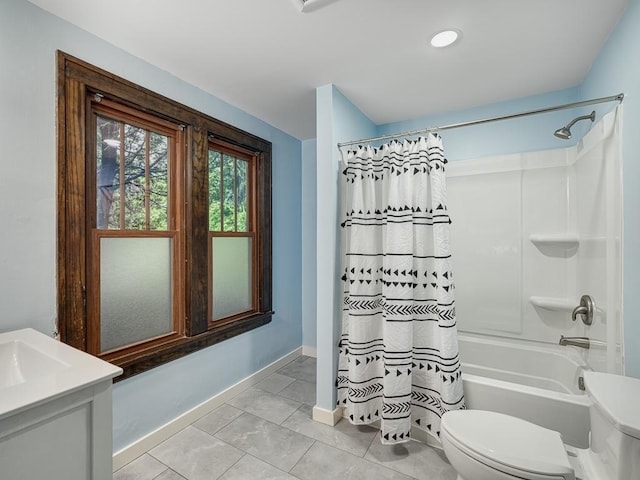 1715 Bush Ave, Saint Paul, MN 55106 - bathroom with toilet, shower / bath combination with curtain, baseboards, tile patterned floors, and vanity