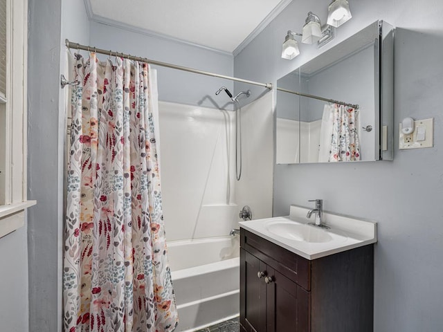 1715 Bush Ave, Saint Paul, MN 55106 - full bath with vanity, crown molding, and shower / bathtub combination with curtain