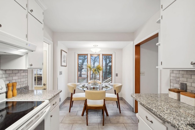 2512 27th Ave NE, Saint Anthony, MN 55418 - kitchen with white range with electric stovetop, tasteful backsplash, baseboards, white cabinetry, and under cabinet range hood